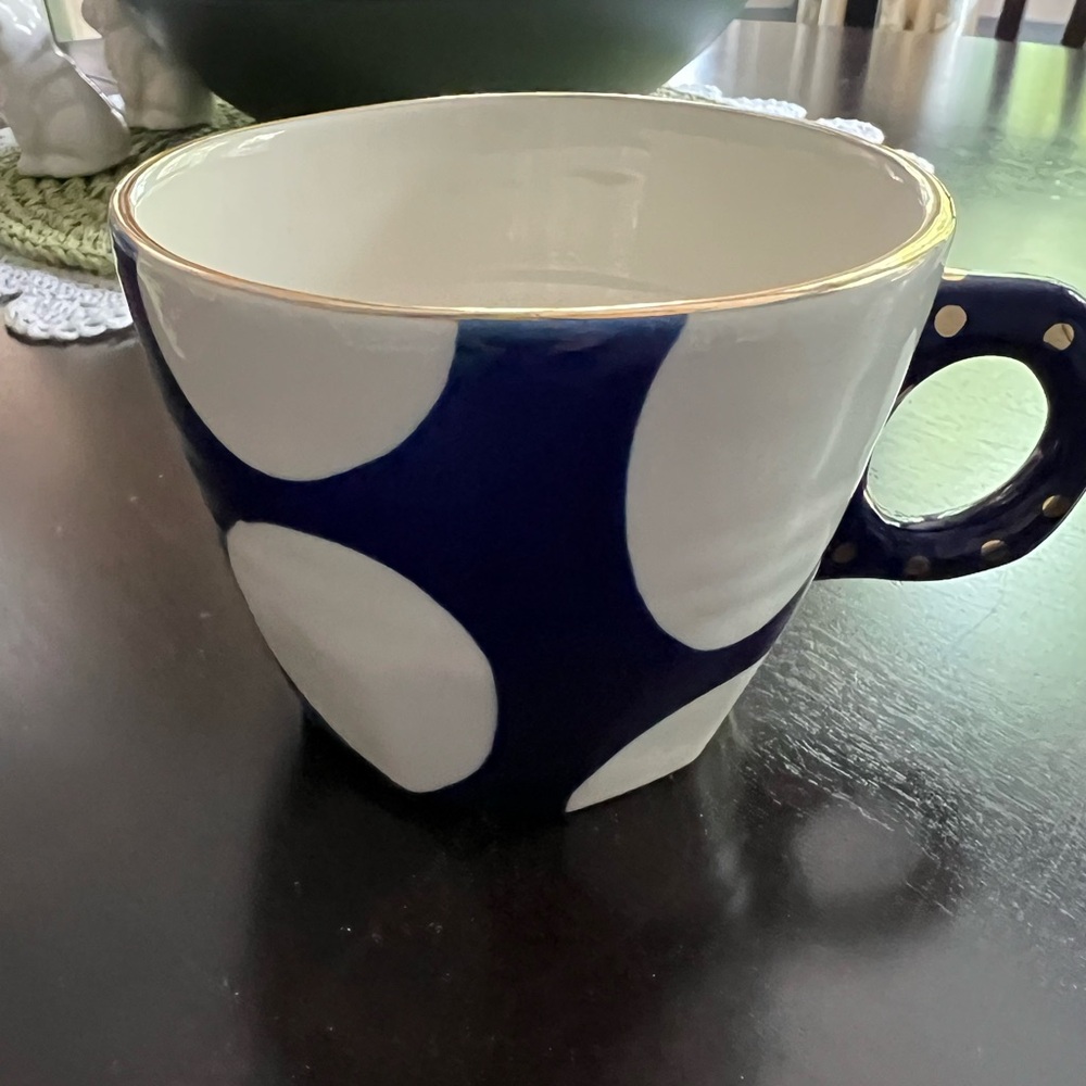 Navy & white polka dot mug by Anthropology